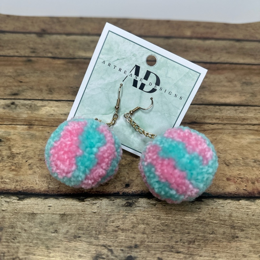Pink and Blue Pom Pom Earrings